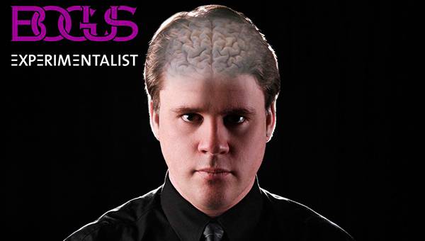 Ein Mann, man sieht sein Hirn gezeichnet, Logo Bogus Experimentalist im Hintergrund